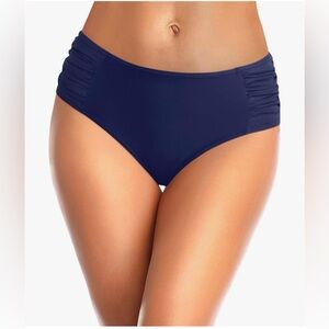Tempt Me Women Bikini Bottoms Mid Waist Swimsuit Ruched Navy Blue Med NWT
